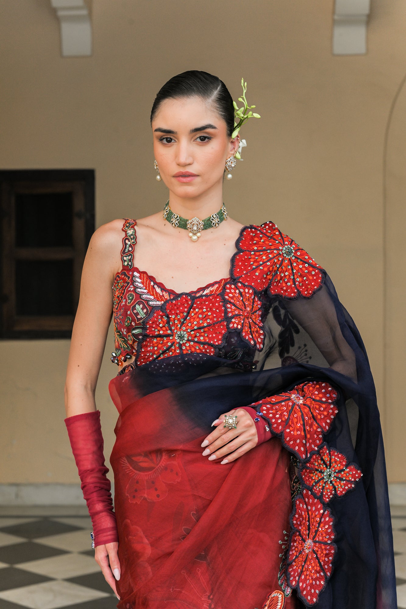 Scarlet Thread Blouse with Thread Work Flower Patch Dual Saree