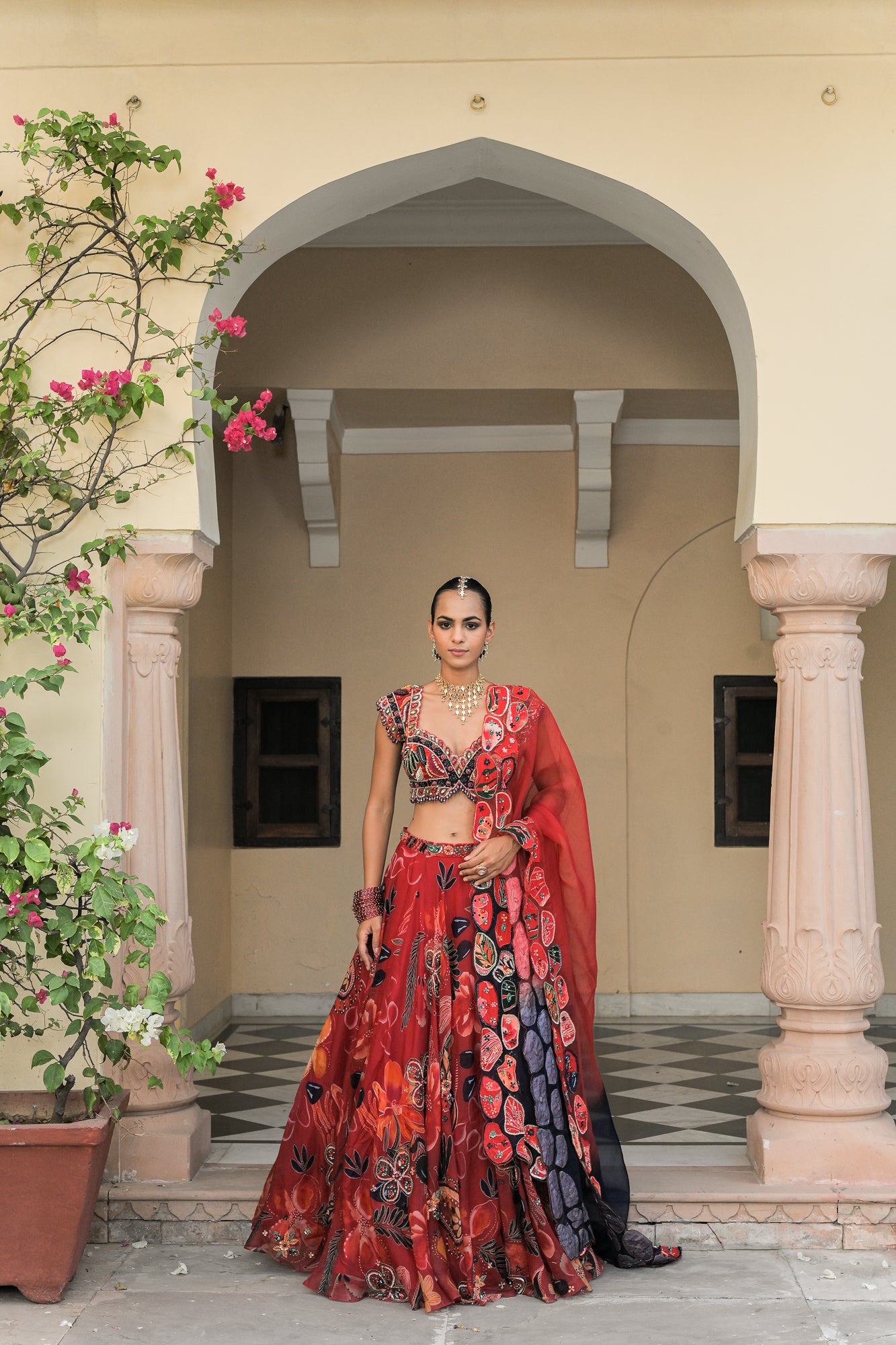 Scarlet Bloom Lehenga with Blouse and Dupatta