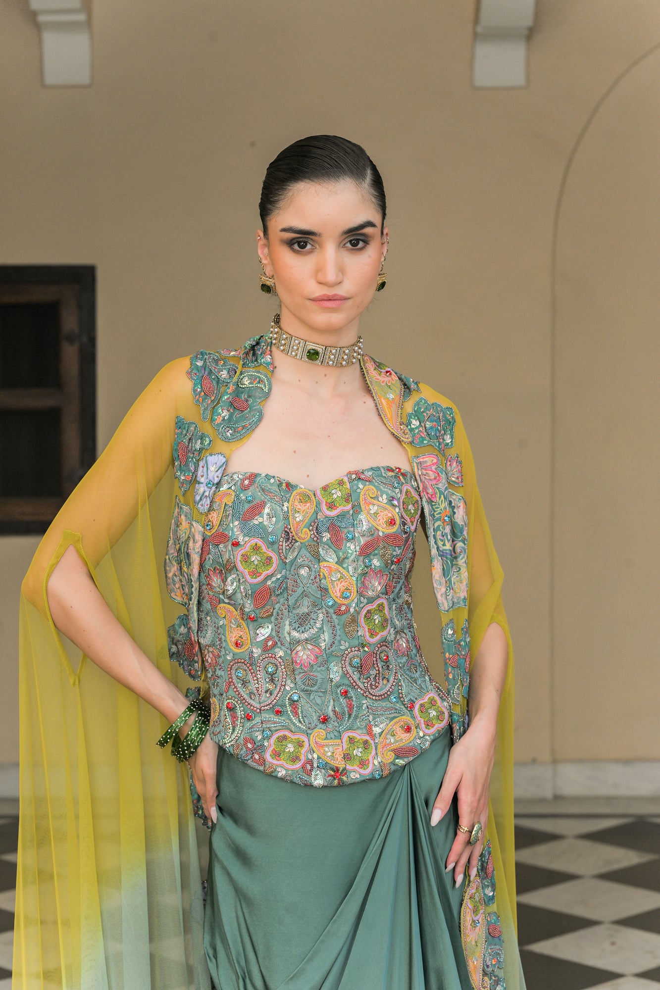 Iris Corset Paired with Dhoti Skirt and Cape