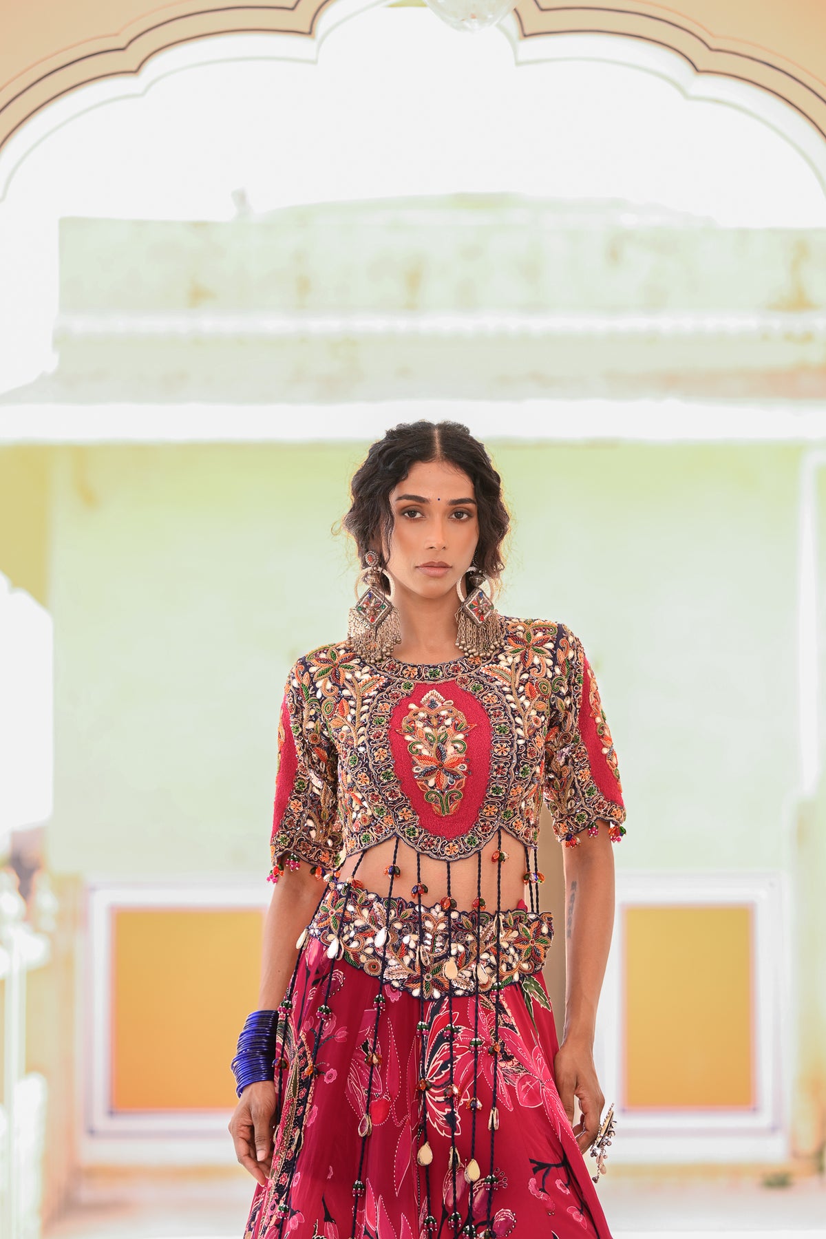 Pink Embroidered Tassel Blouse With Pink Printed Lehenga