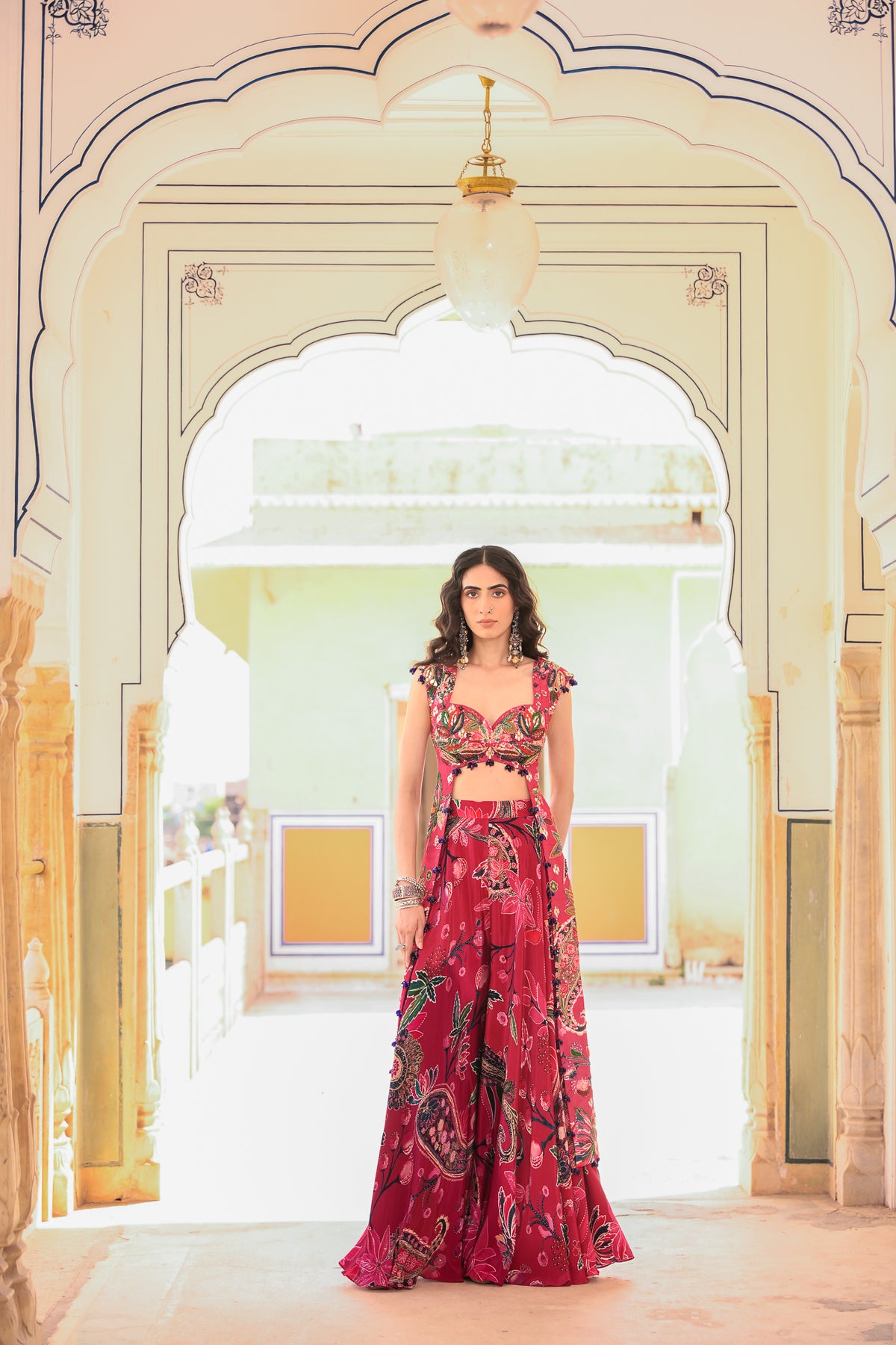 Long Side Panel Pink Embroidered Kurta Paired With Printed Pants