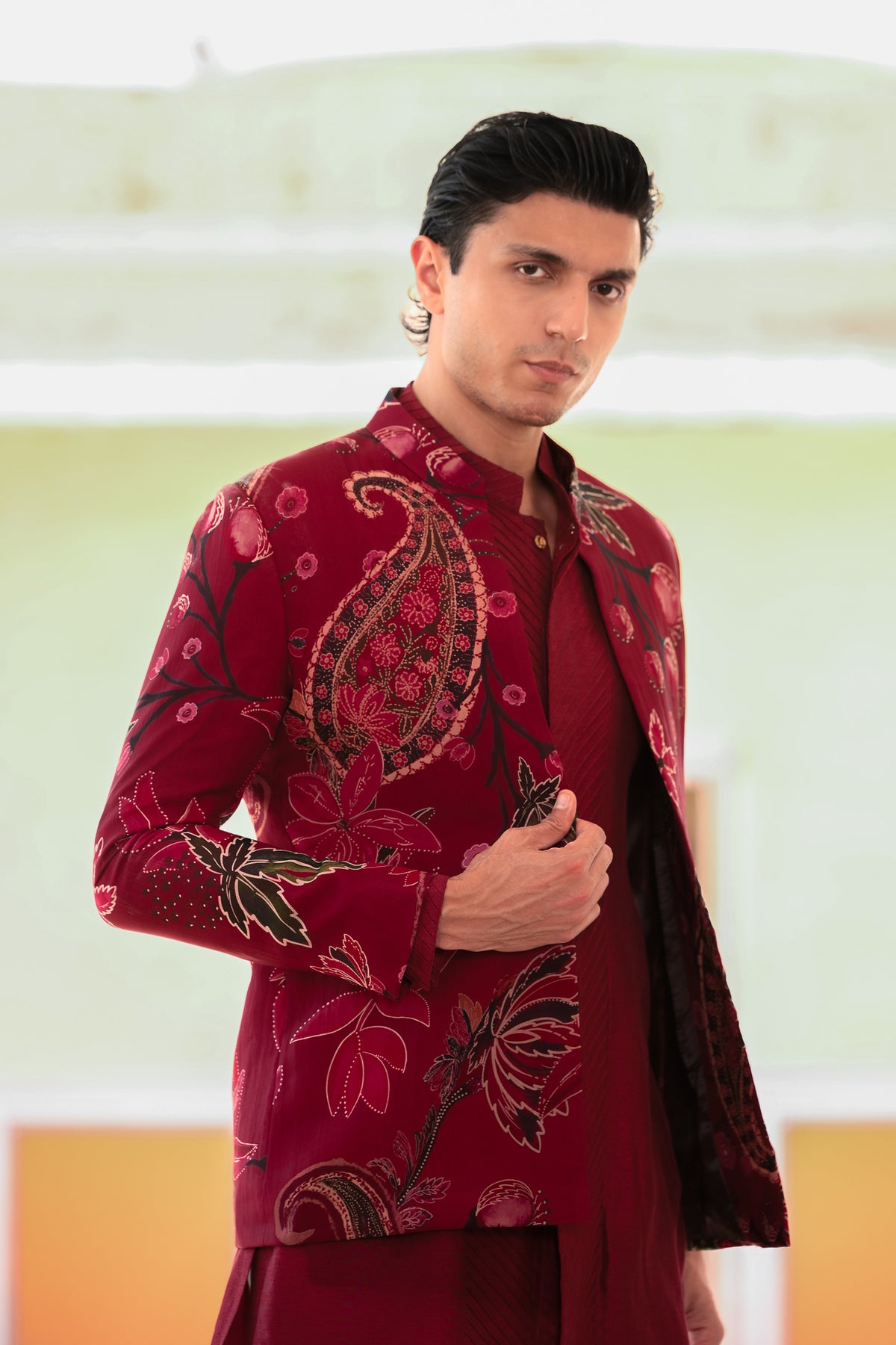 Printed Achkan With Pintuck Kurta & Straight Pant
