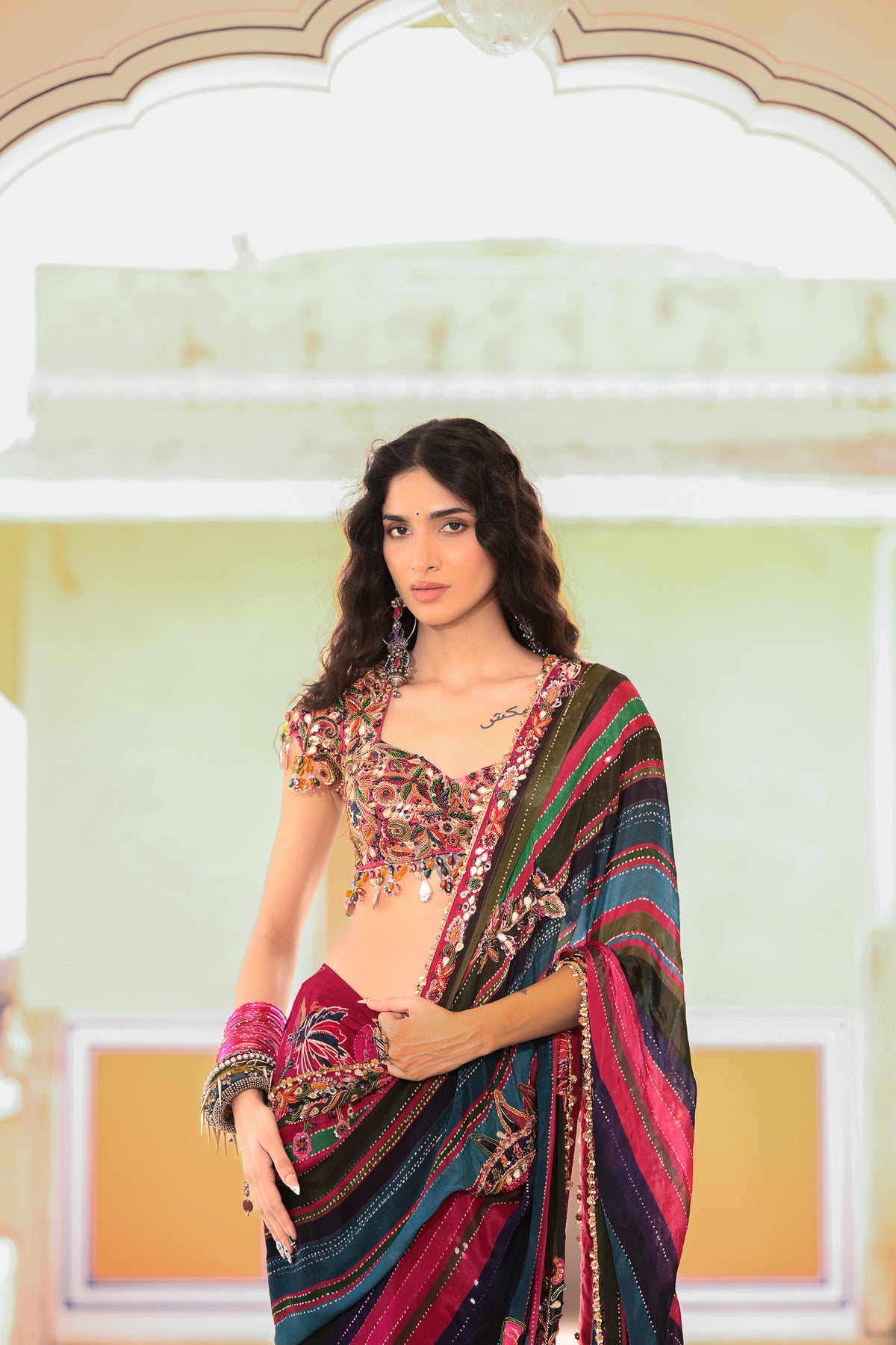 Dual Print Pre-stitched Saree With Embroidered Blouse