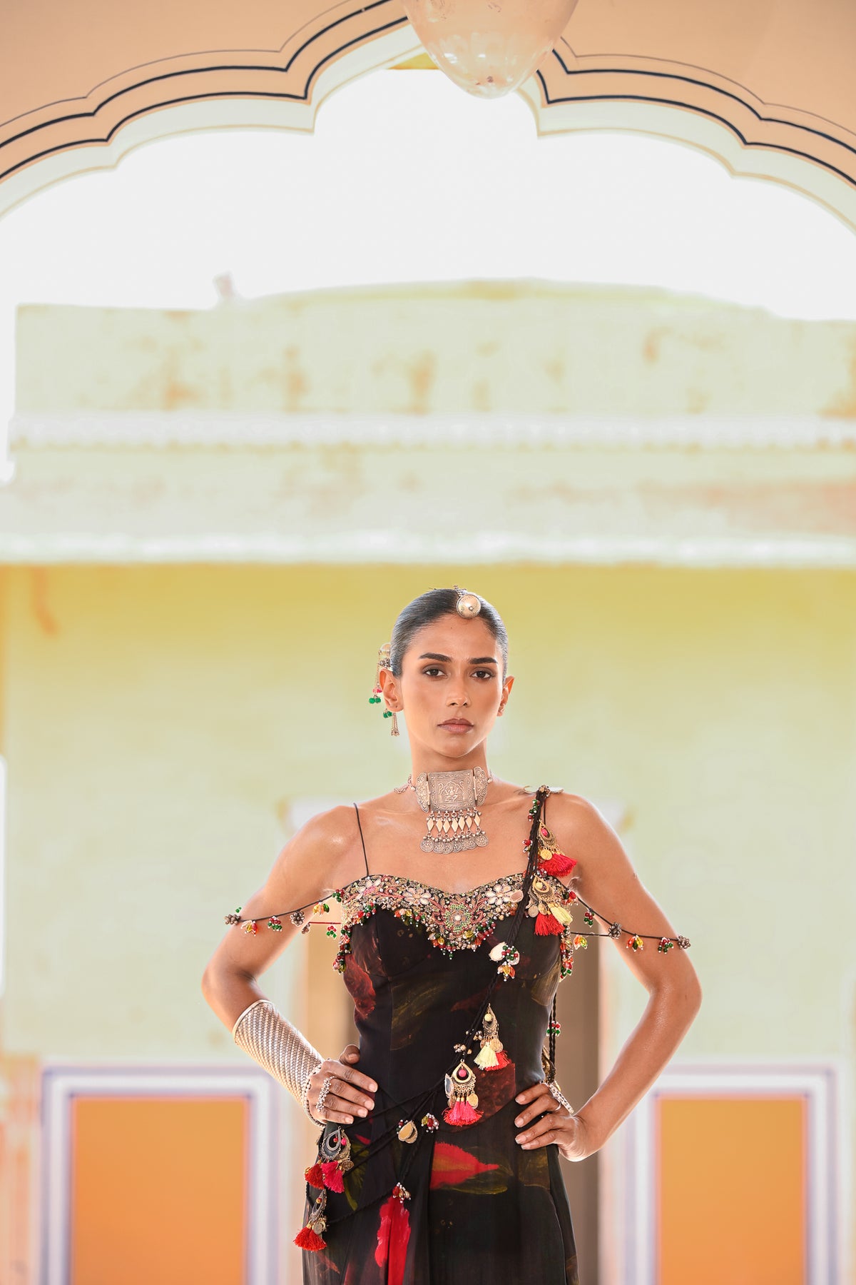 Black Floral Printed Tassel Saree With Embroidered Corset