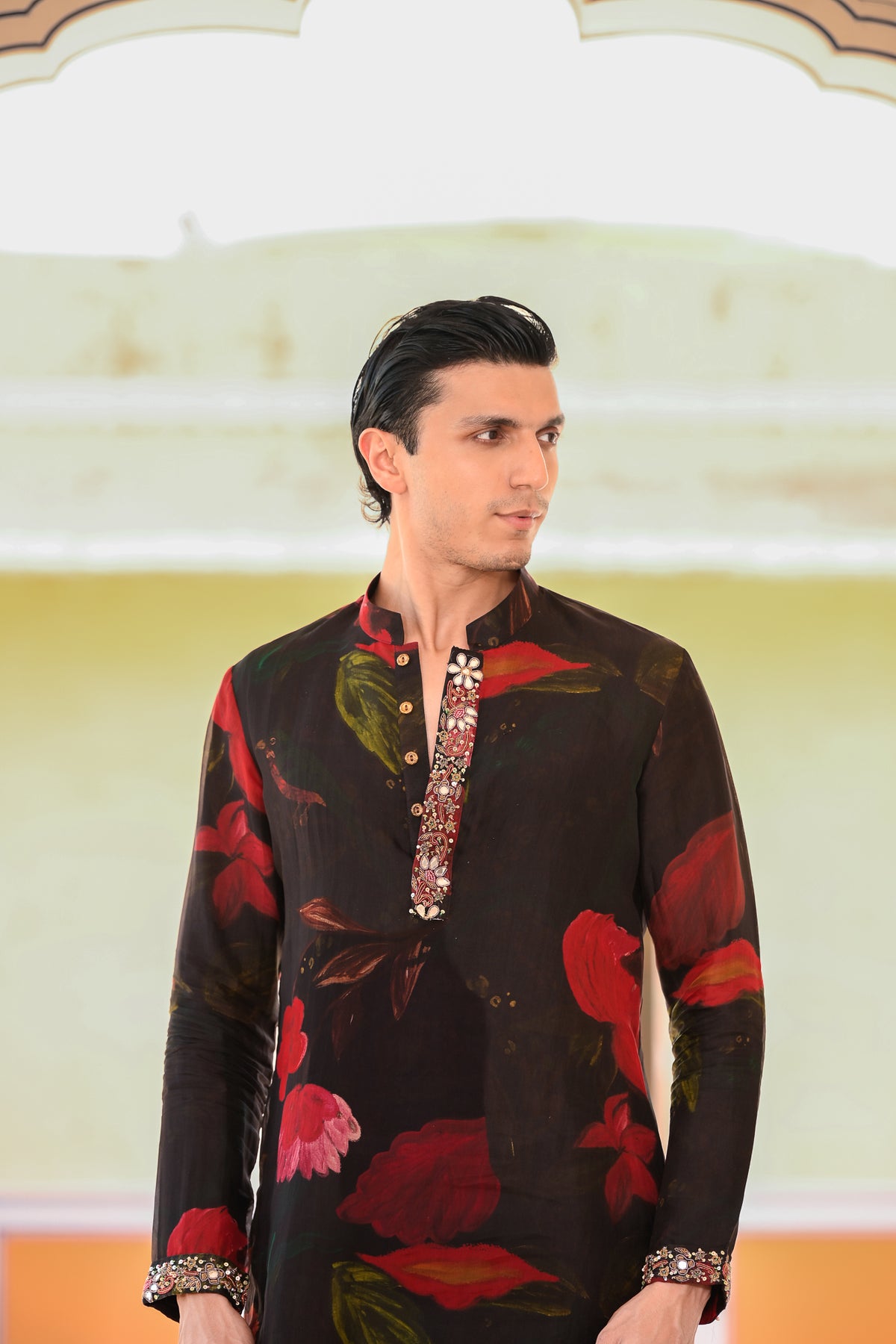 Black Organza Kurta With Embroidered Cuff paired with Flare Black Pant
