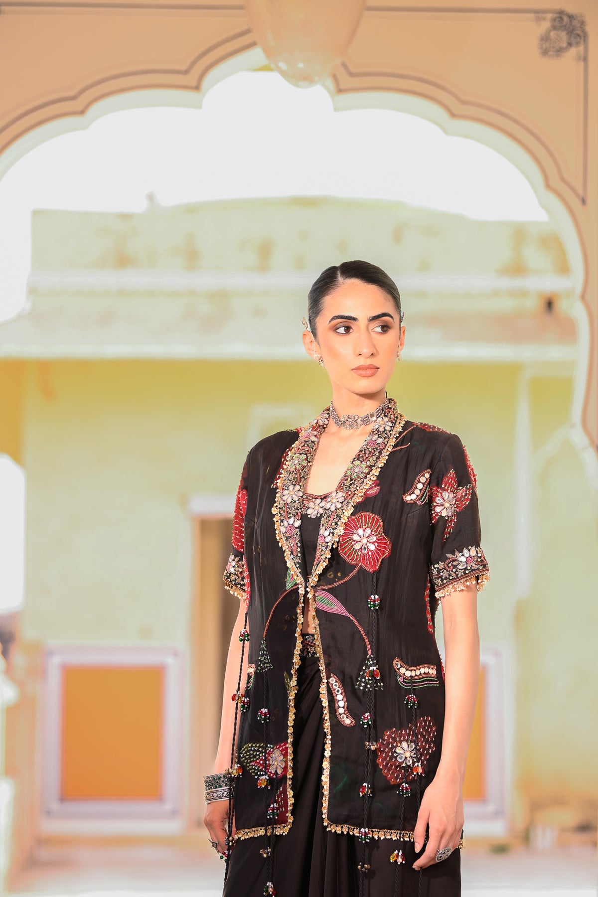 Black Embroidered Tassel Blazer Paired With Embroidered Bralette and Cowl Skirt