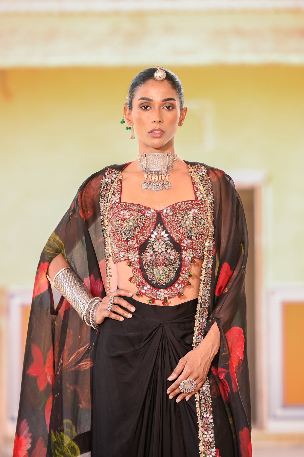 Black Cowl Skirt with Floral Printed Cape and Embroidered Corset