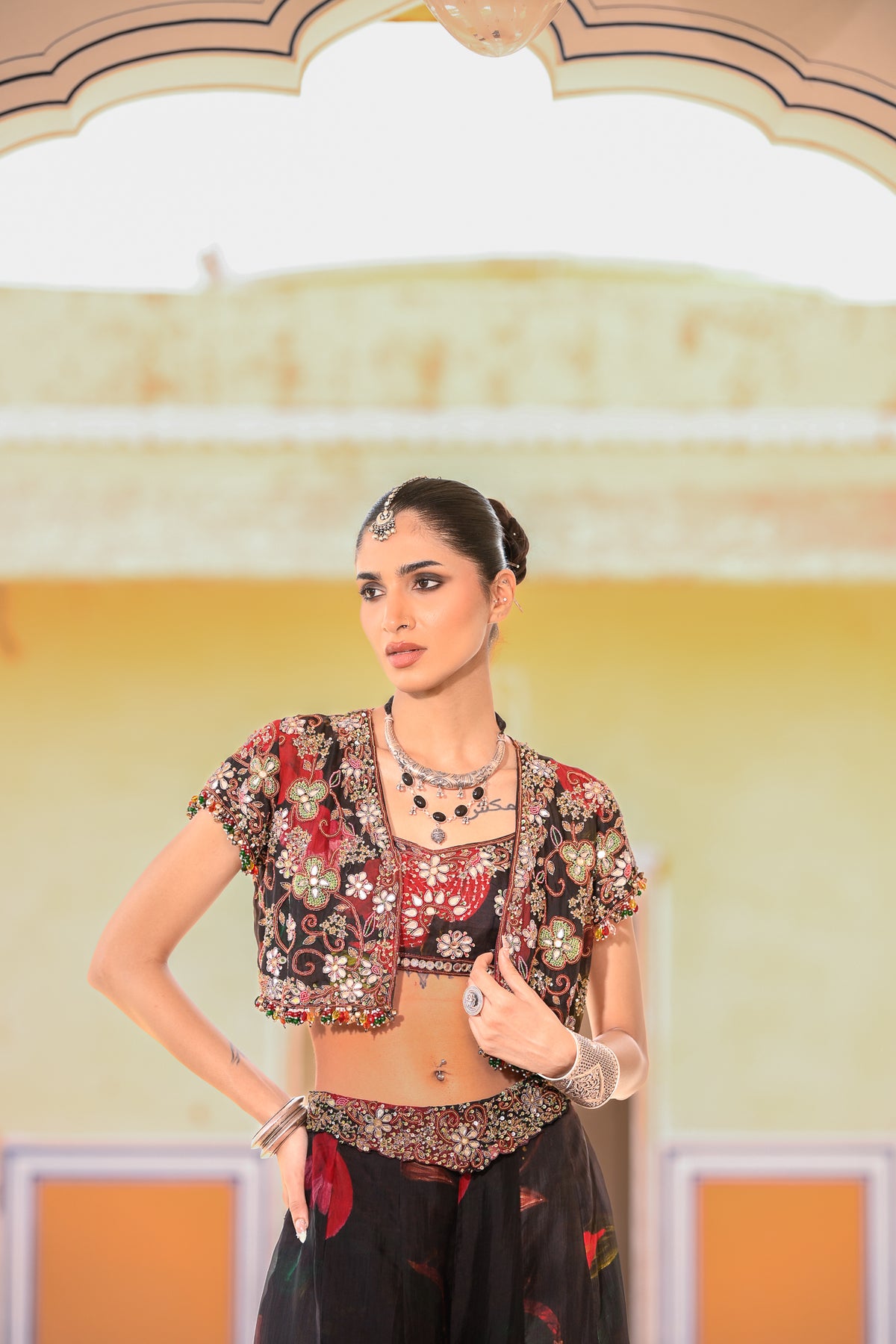 Black Embroidered Jacket with Embroidered Bralette with Printed Pants