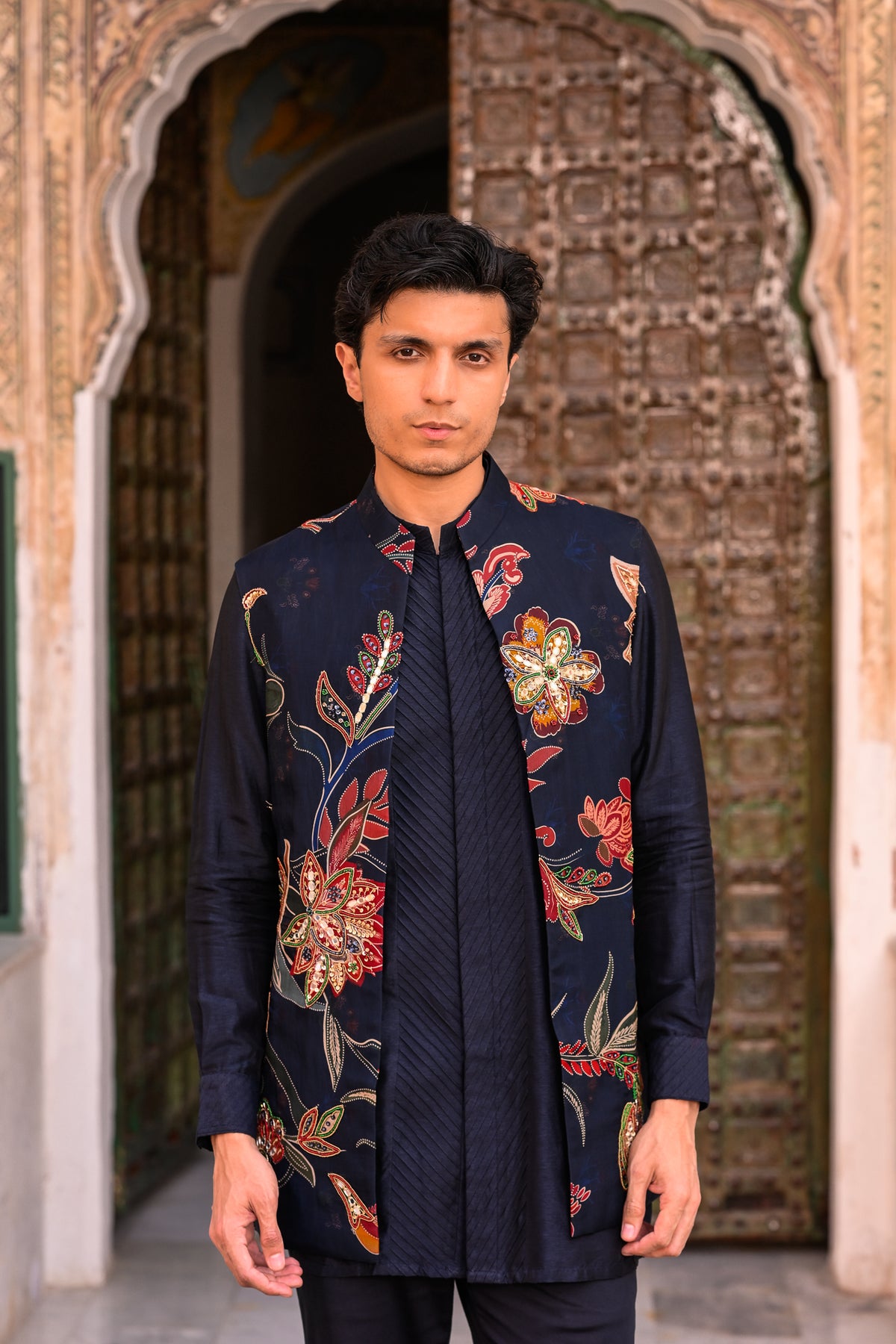 BluenOrganza Highlight Half Jacket With Plain Pintuck Kurta And Flared Blue Pant