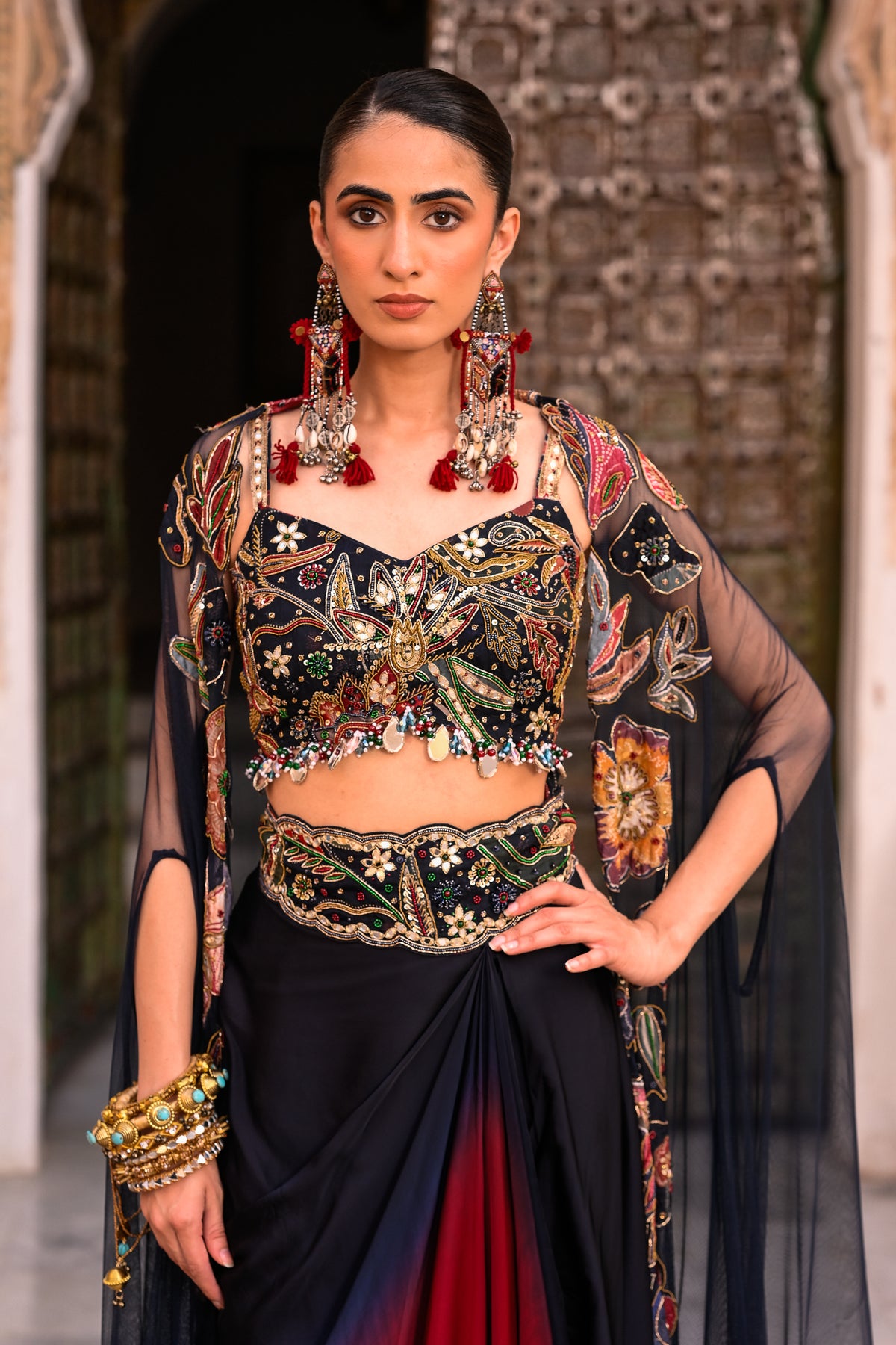 Dual Shaded Cowl Skirt with Embroidered Blouse and Applique Cape