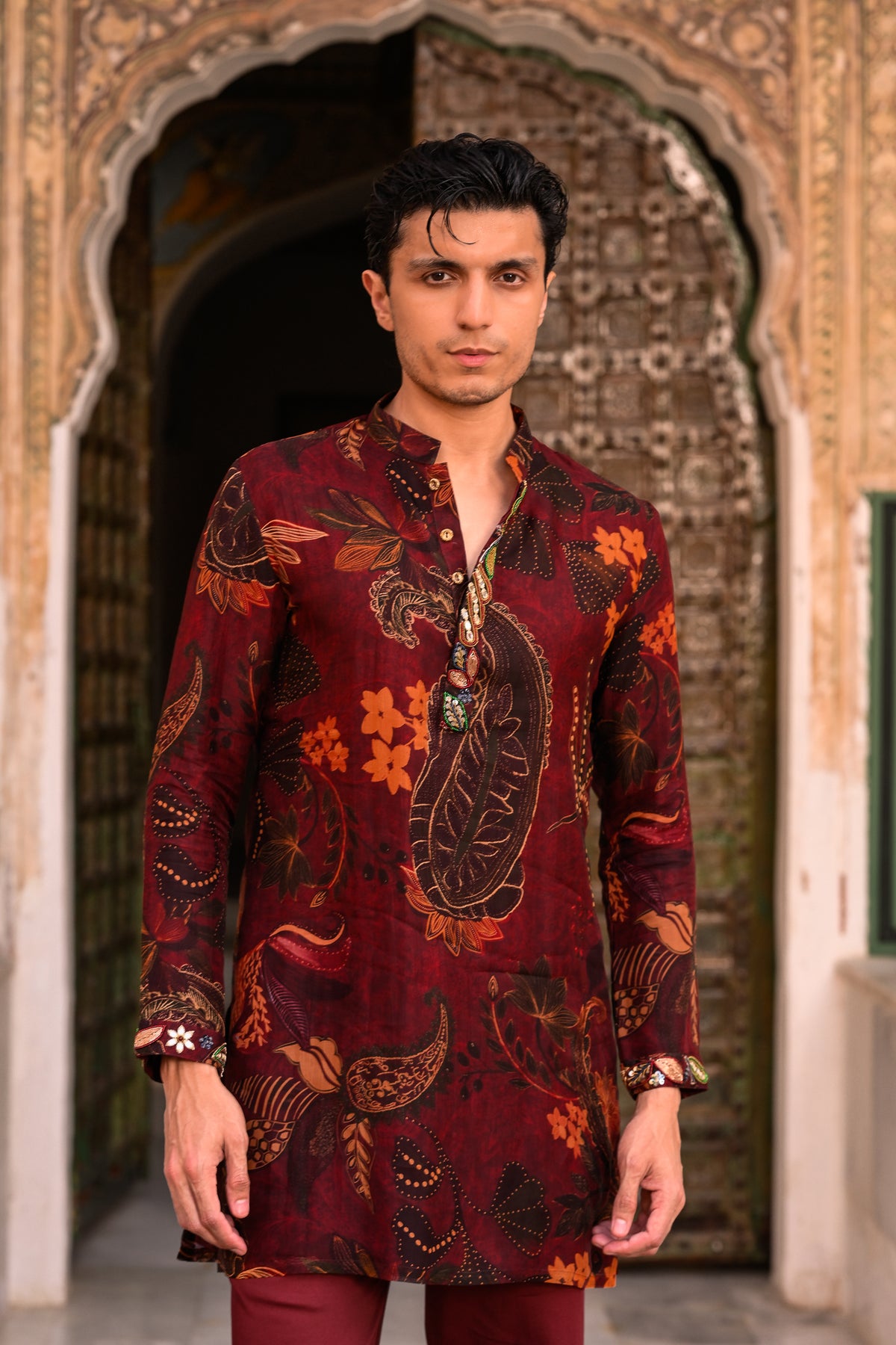Maroon Printed Organza Kurta With Embroidered Cuff And Flared Maroon Pant