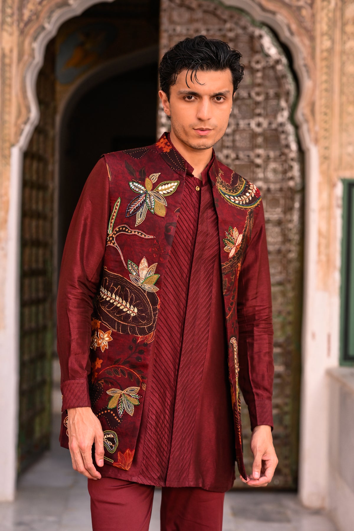 Maroon Organza Highlight Half Jacket With Plain Pintuck Kurta And Flared Maroon Pant