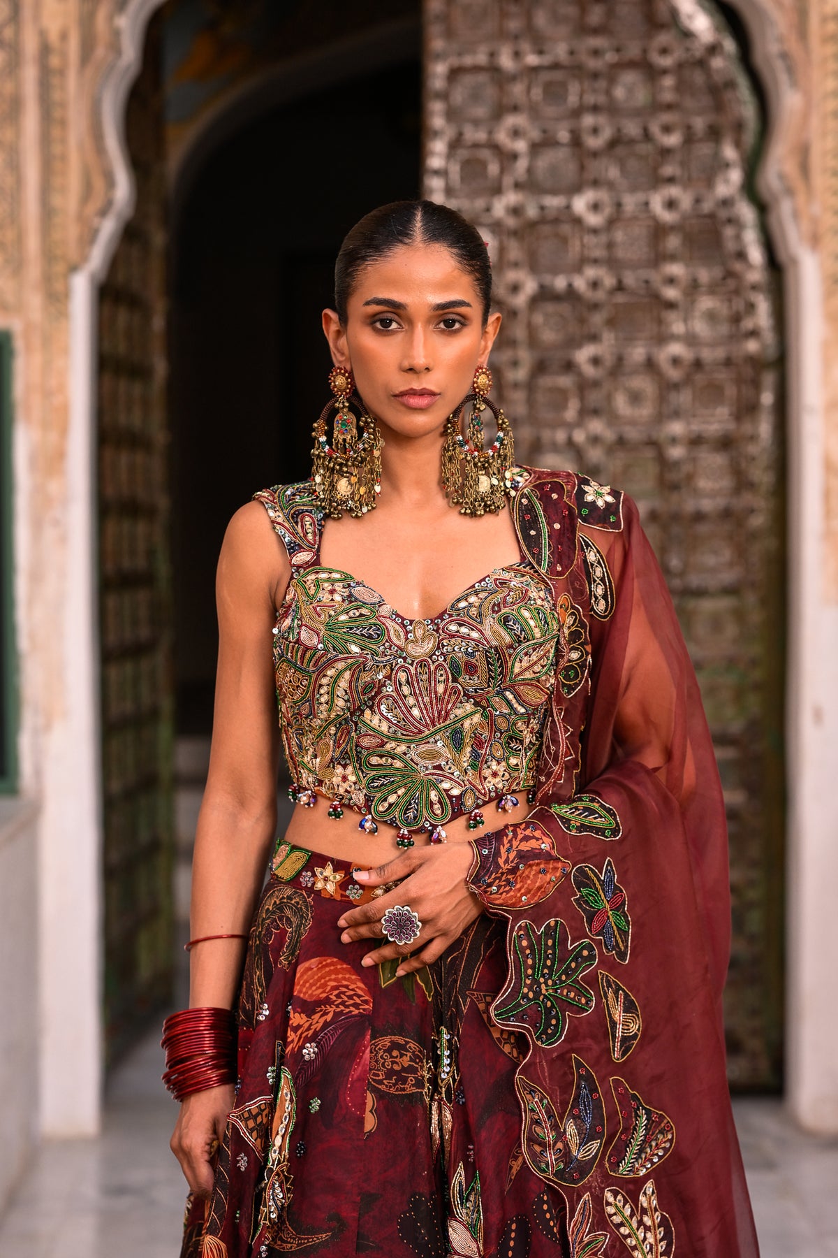 Red Printed Embroidered Blouse With Highlighted Lehenga And Applique Dupatta