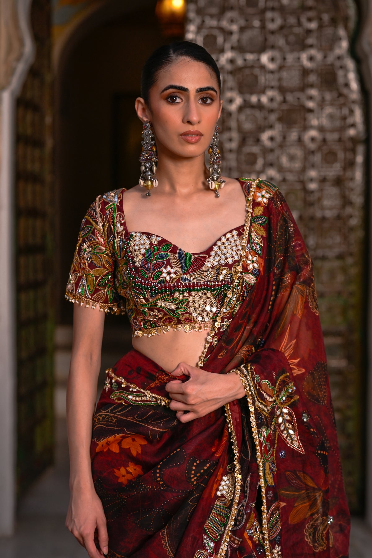Red Printed Pre-Drape Organza Saree Highlighted Open Pallu with Embroidered Blouse