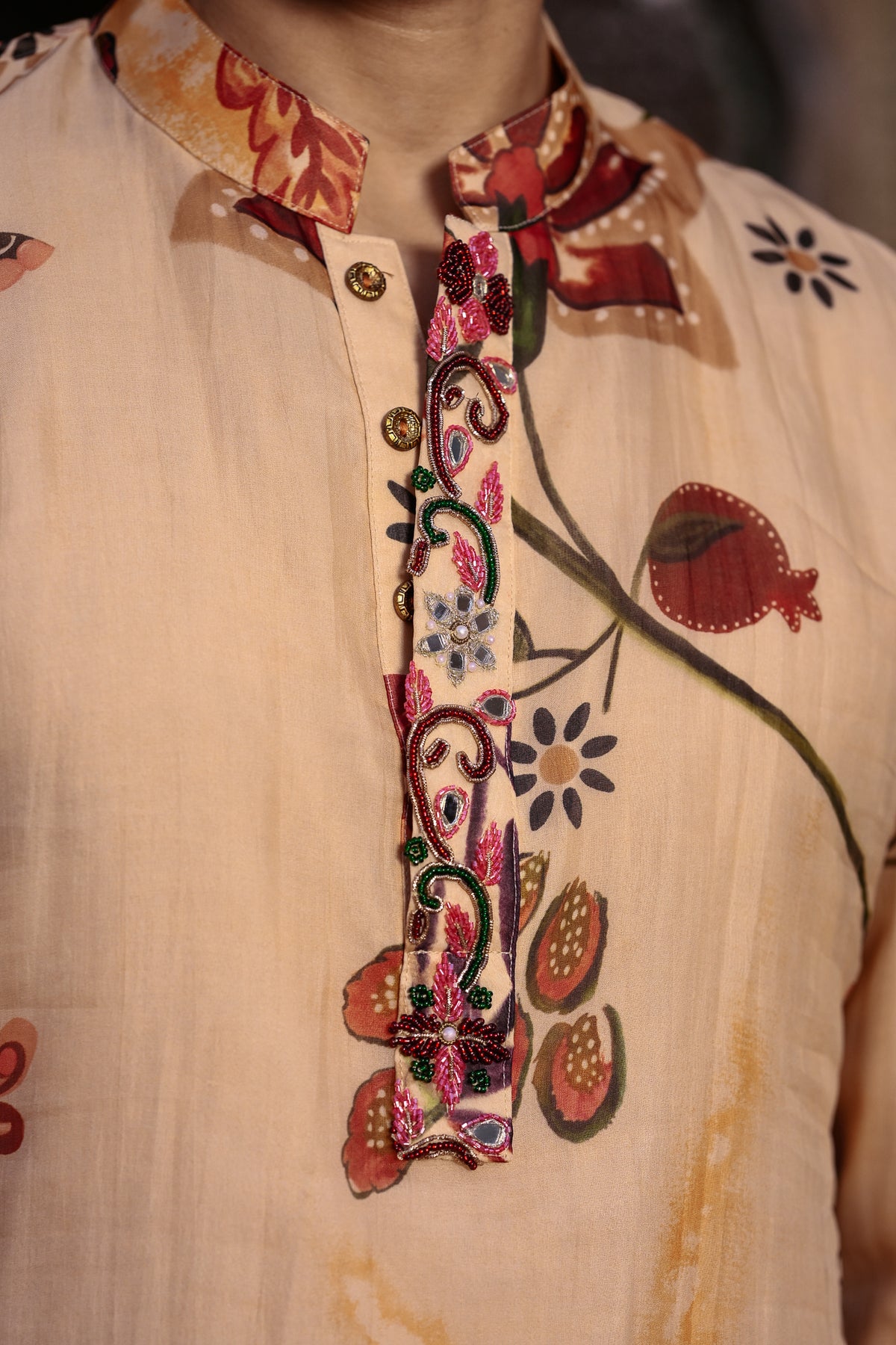 Printed Kurta With Cuff Work and Beige Straight Pant