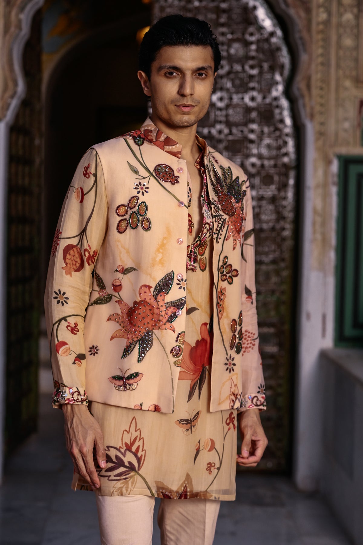Highlighted Bundi Printed Kurta With Work On Cuff Paired with Straight Beige Pant
