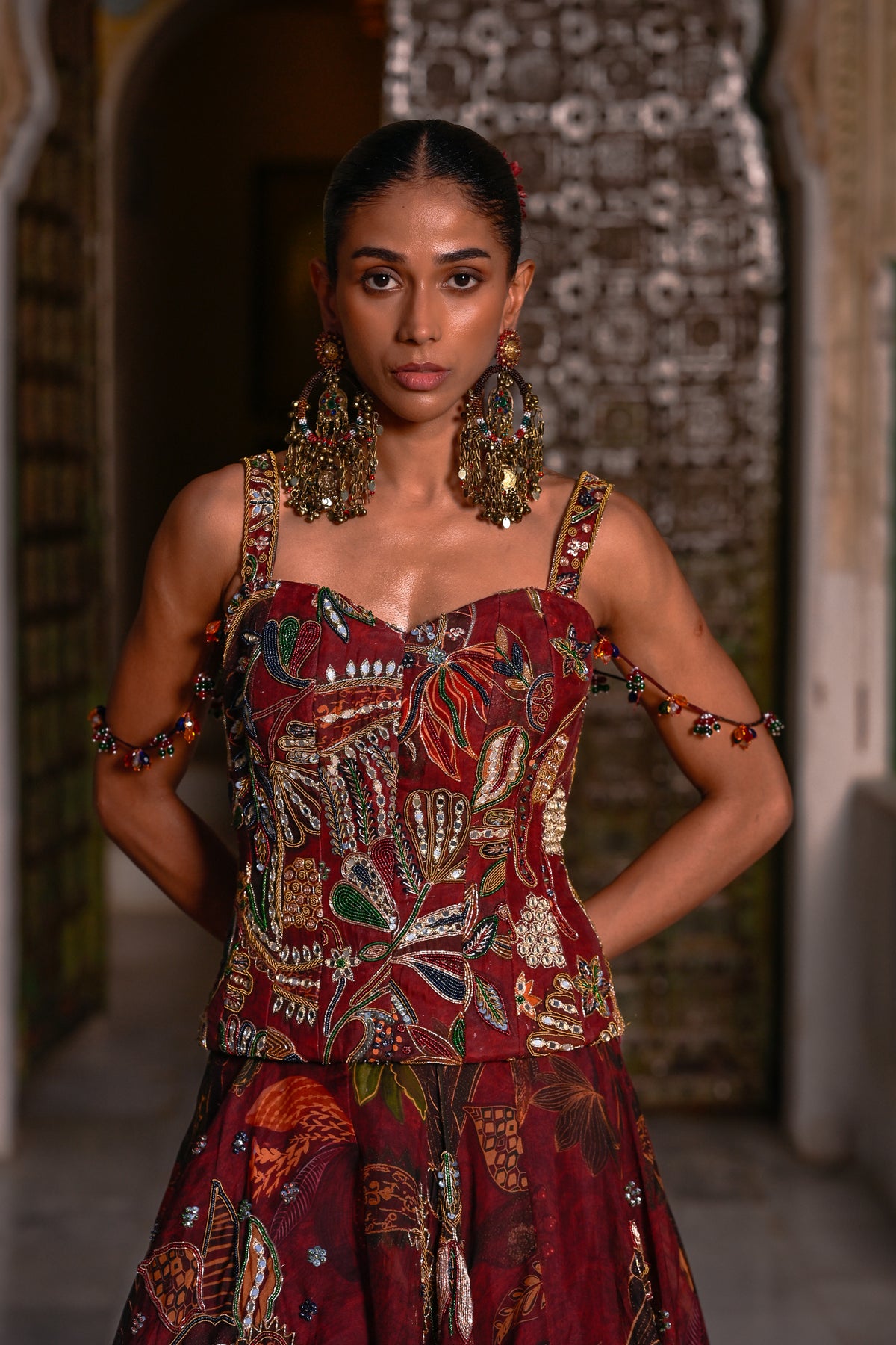Red Printed Highlighted Lehenga Embroidered Corset
