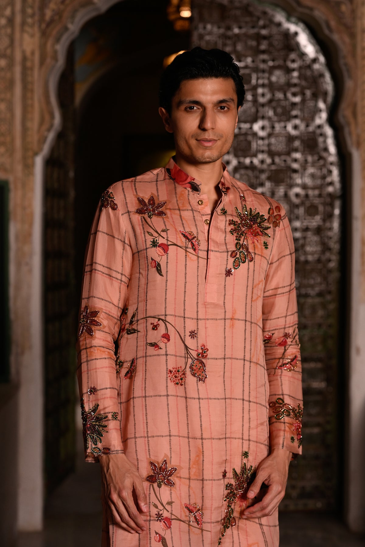 Ivory Pink Highlighted Kurta With Flair Beige Pant