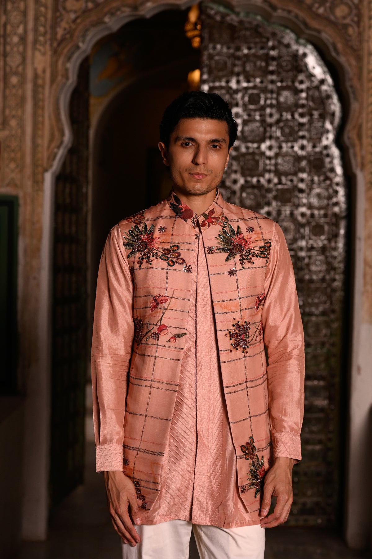 Ivory Pink Highlighted Half Jacket With Pintuck Kurta & Flair Pant