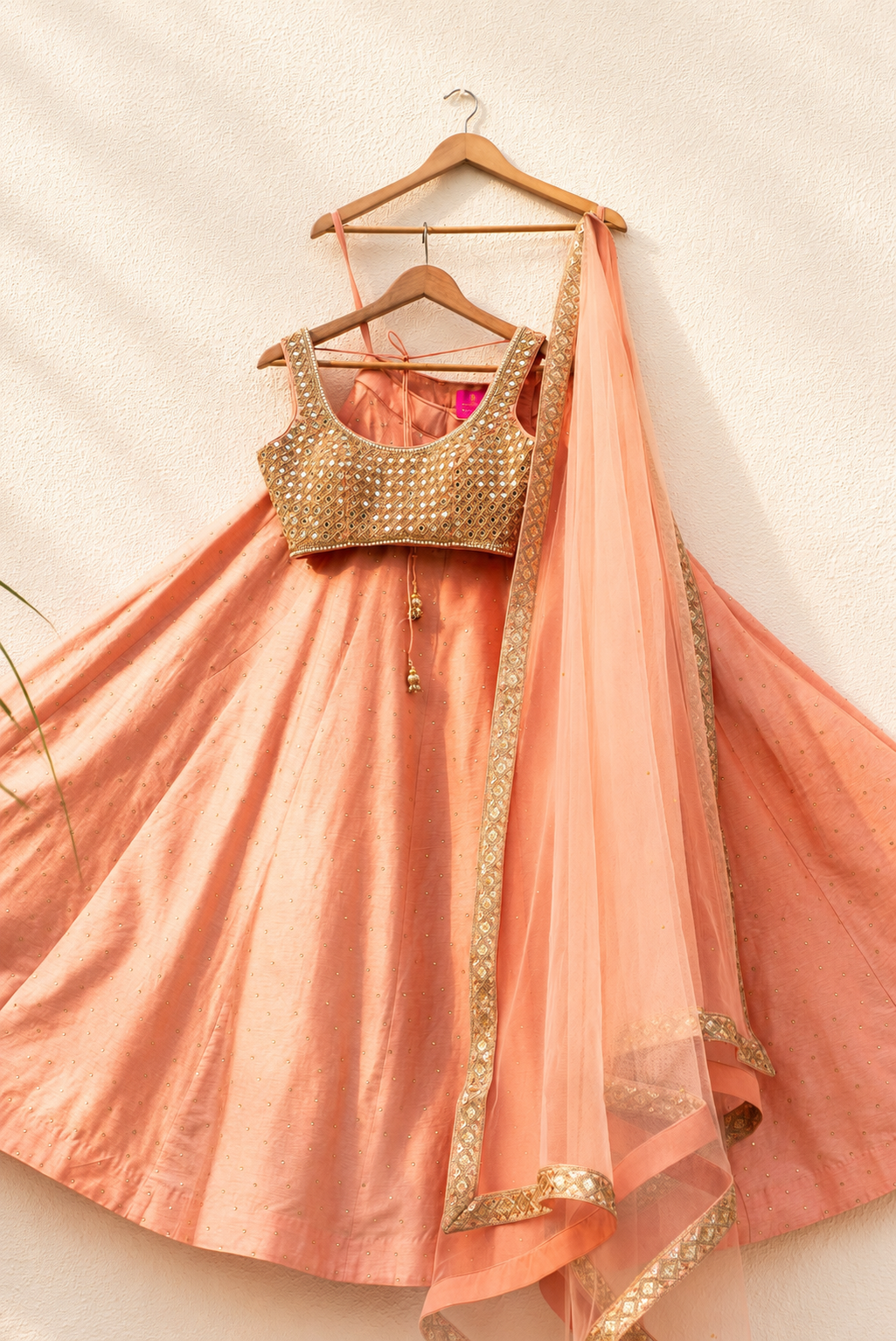 Peach Stonework Lehenga With Mirror Blouse