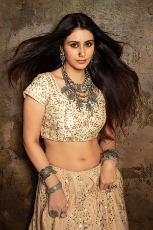 Beige and Ivory Hand Embroidered Lehenga Set image 3
