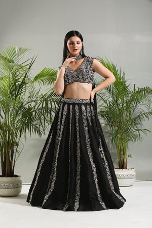 Black Thread and Mirror Hand Embroidered Lehenga Set image 2