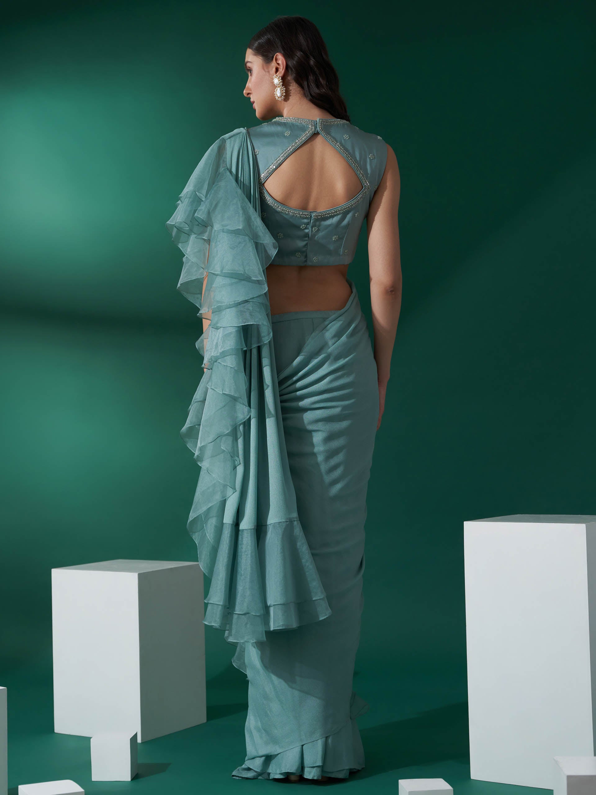 Sea Green Pre Draped Ruffle Saree Set image 1
