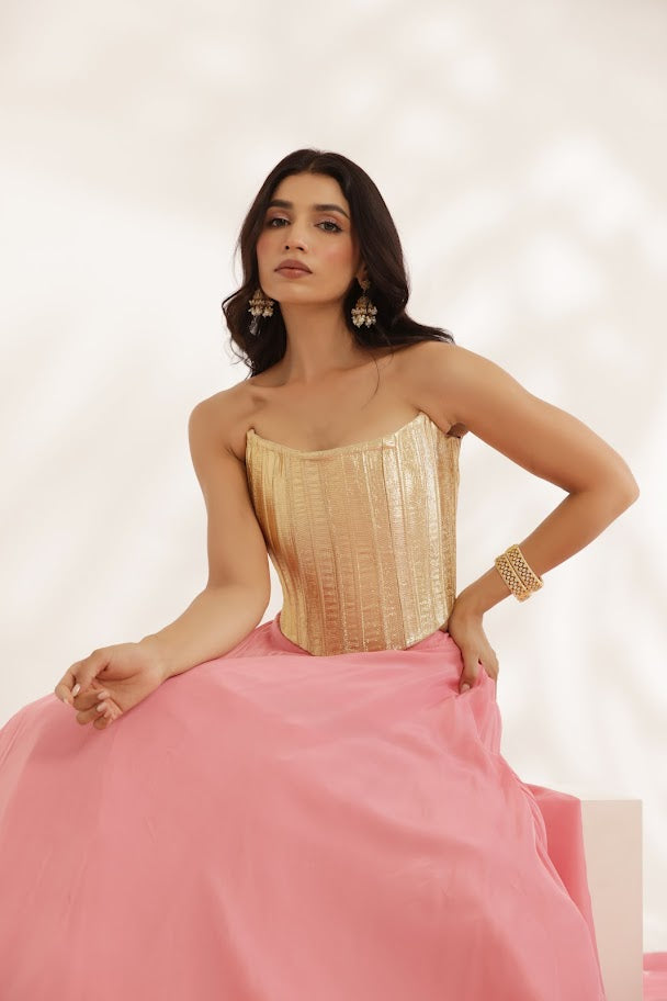 Coral Peach Crepe Lehenga With Gotta Corset image 1