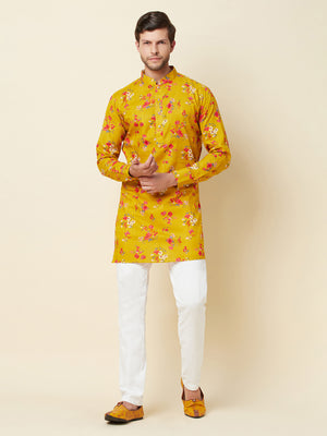 Mustard Print Linen Kurta - XL image