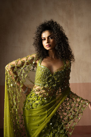 Pre-Draped Mehendi Green Hand Embroidered Net & Satin Saree image 4