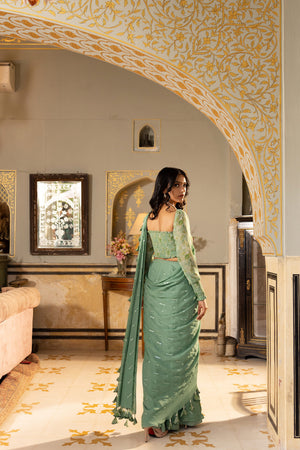 Sage Green Pre-Draped Saree image 1
