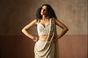 Fishtail Style Beige & Ivory Hand Embroidered Net & Georgette Fishtail Saree concept saree image 1