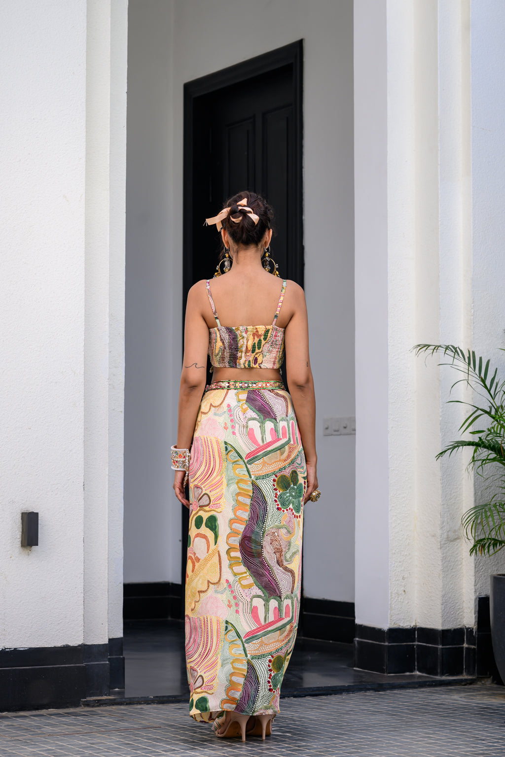 Flora Highlight Bralette Paidawn With Dhoti Skirt And Applique Cape Set image 1