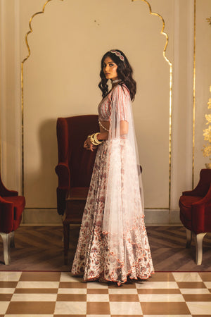 White and Peach Organza Lehenga Set image 5