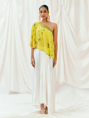 Bright Yellow Printed Embroidered Drape Skirt Set with Top & Bustier image 2
