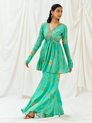 Turquoise Blue Printed Embroidered Peplum Sharara Set image 5