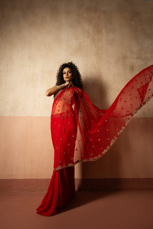 Pre Draped Red Hand Embroidered Net & Georgette Saree With Golden Blouse image 2