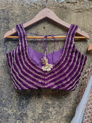 Purple Velvet Lehenga set with Ivory Dupatta image 4