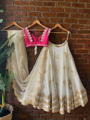Ivory and Fuchsia Lehenga Set with Mirror Work image 1