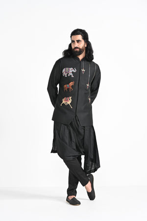 Rajasthani Trotting Animals Nehru With Cowl Hem Drape Kurta Set image 9