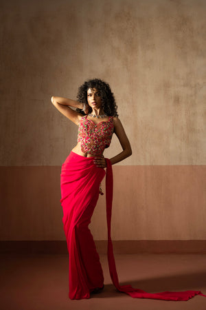 Pre-Draped Fuschia Pink Embroidered Georgette Saree With Corset Blouse - Custom image