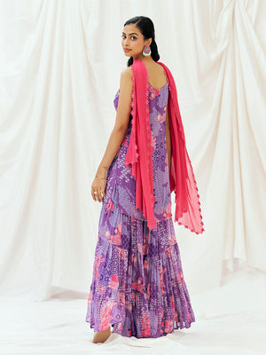Violet Printed Embroidered Sharara Suit Set with Dupatta image 3