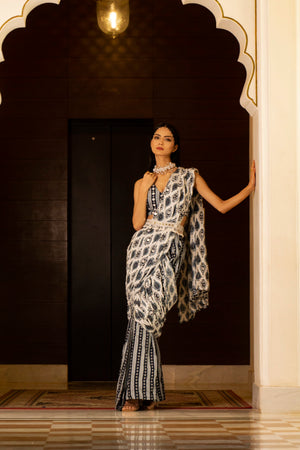 White and Blue Printed Saree Set image 2