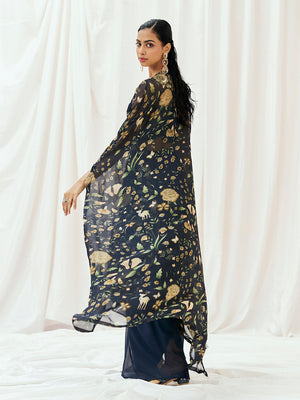 Navy Blue Printed Embroidered Drape Skirt Set with Cape image 4