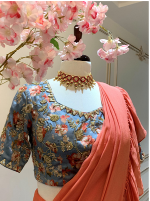 Coral Ruffle Saree With Blue Blouse image 1