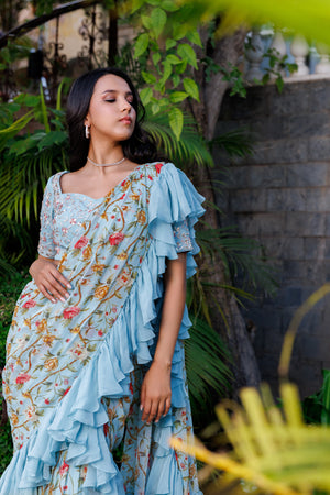 Baby Blue Pre-Drape Georgette Saree image 3