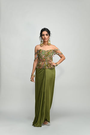 Olive Badla Embroidered Corset Paired with Olive Cowl Skirt image 1