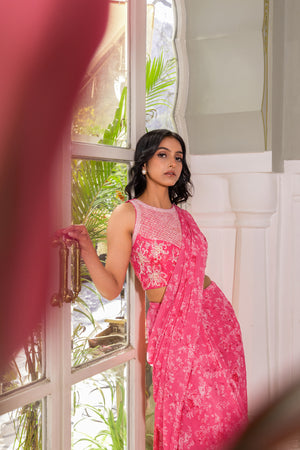 Powder Pink Pre-Drape Georgette Saree image 3