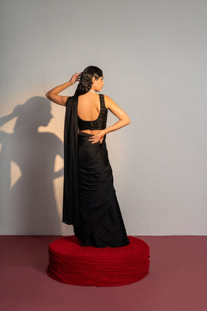 Black Embroidered Drape Saree Set image 1