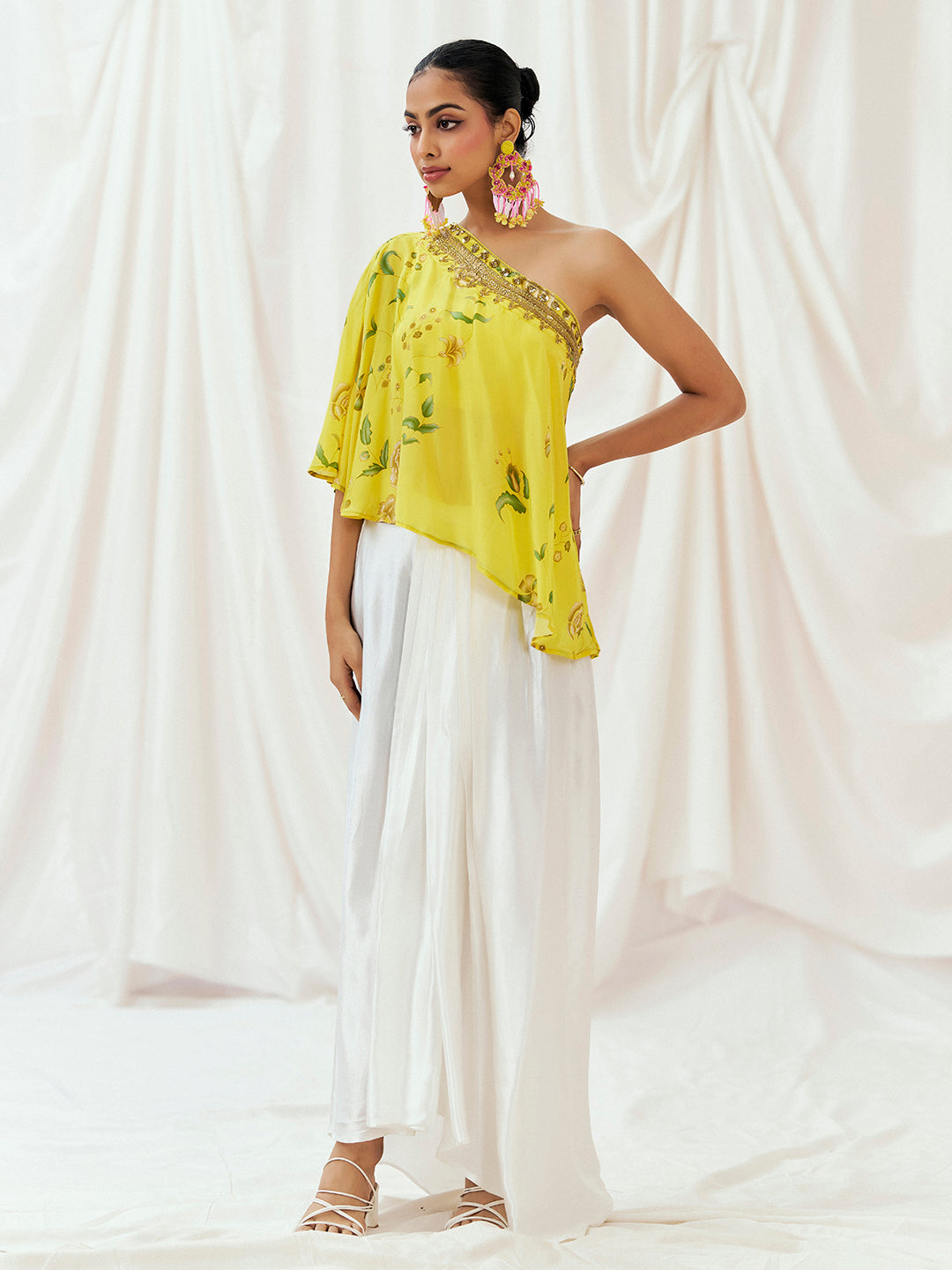 Bright Yellow Printed Embroidered Drape Skirt Set with Top & Bustier image 1